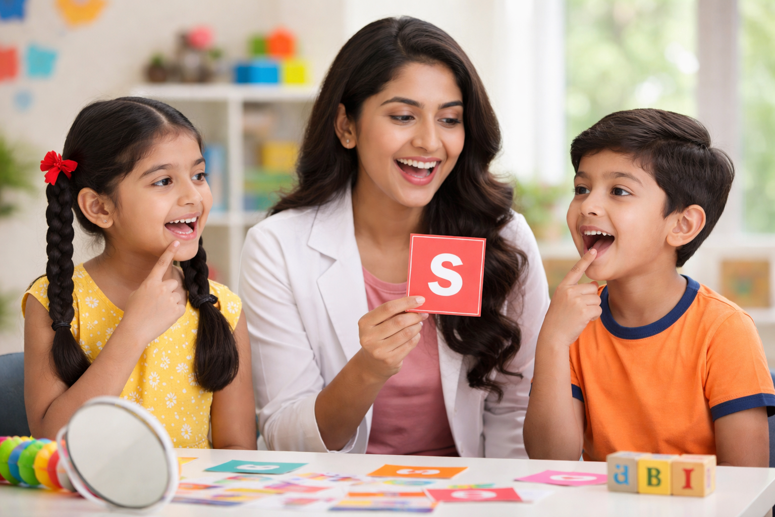 Teacher and two children look excited as they learn letters; the teacher holds a red card with the letter S for a spelling activity 