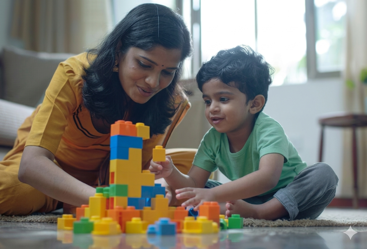 Mother and young boy stacking colorful building blocks on a living room rug at home 