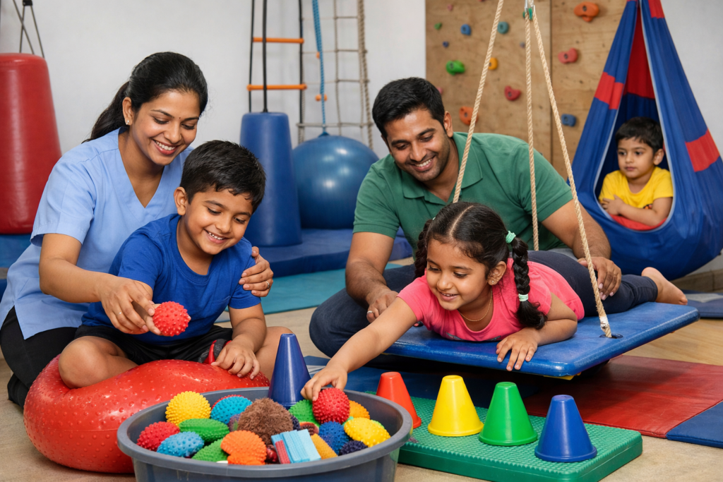 Children and caregivers in a play therapy space with colorful gym toys and climbing wall equipment nearby, smiling as they play a ball game 