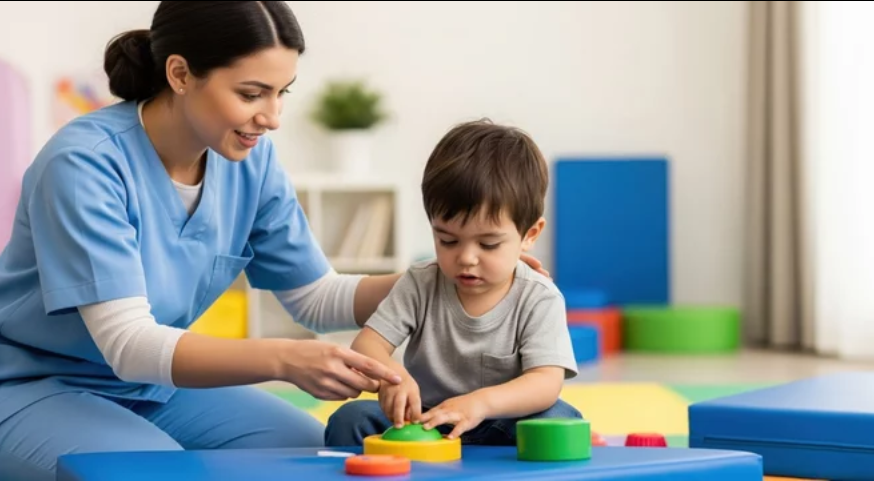 Caregiver in blue scrubs helping a young child with a colorful stacking toy on a padded play mat 