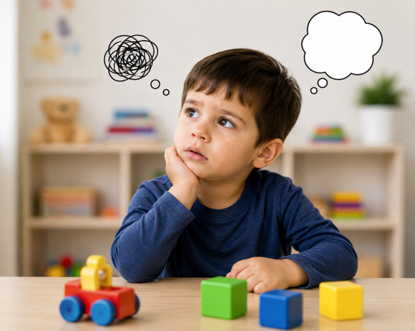 Young boy in a blue shirt sits at a table with colorful blocks, resting his chin on his hand and looking upward, with cartoon thought bubbles above his head in a bright playroom 