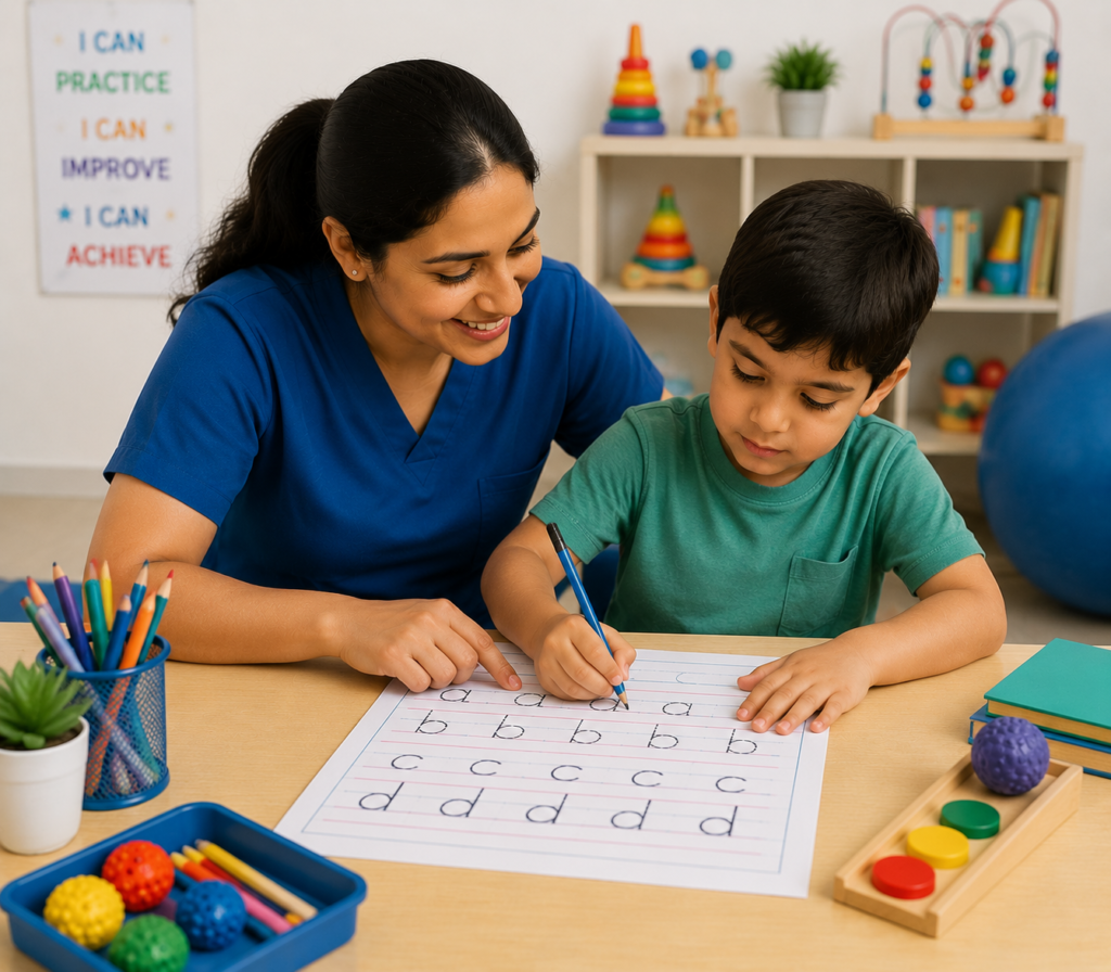 Teacher in blue scrubs helps a young boy practice writing letters at a classroom table, pointing to a lined practice sheet with the letter 'd' repeated many times 